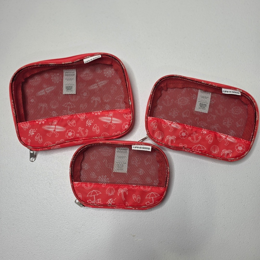 Life is Good Make Up Bags Set‎ 3pc Red Tropical Beach Print Travel Pouches